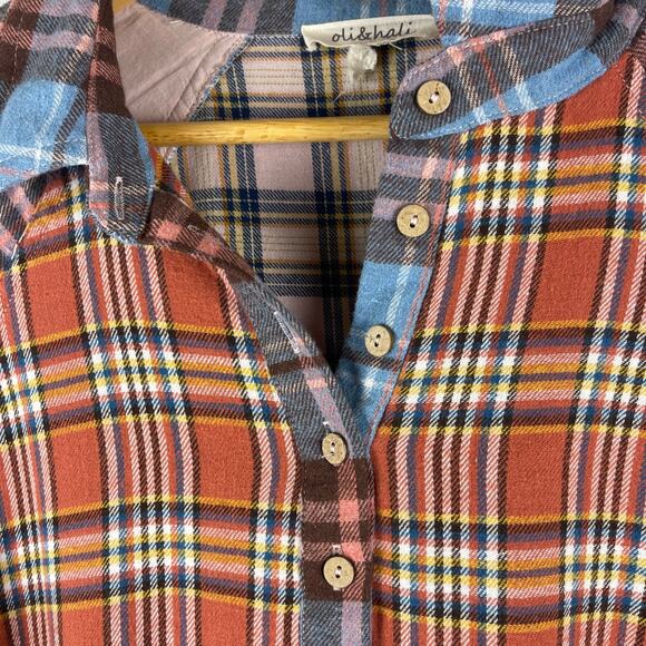 Oli & Hali Mixed Plaid Patchwork Flannel Tunic Henley Top Women's Large Boho - Picture 7 of 9